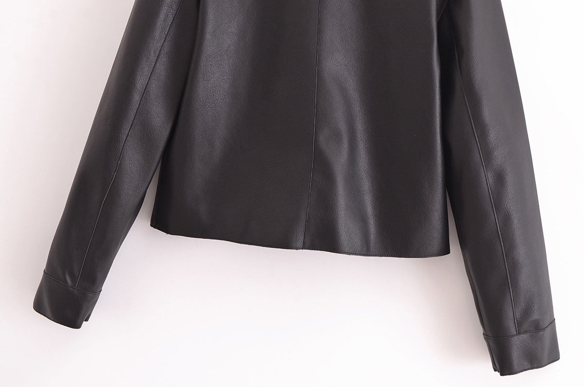 All-matching Western Style Classic Black Leather Short Long Sleeve Jacket