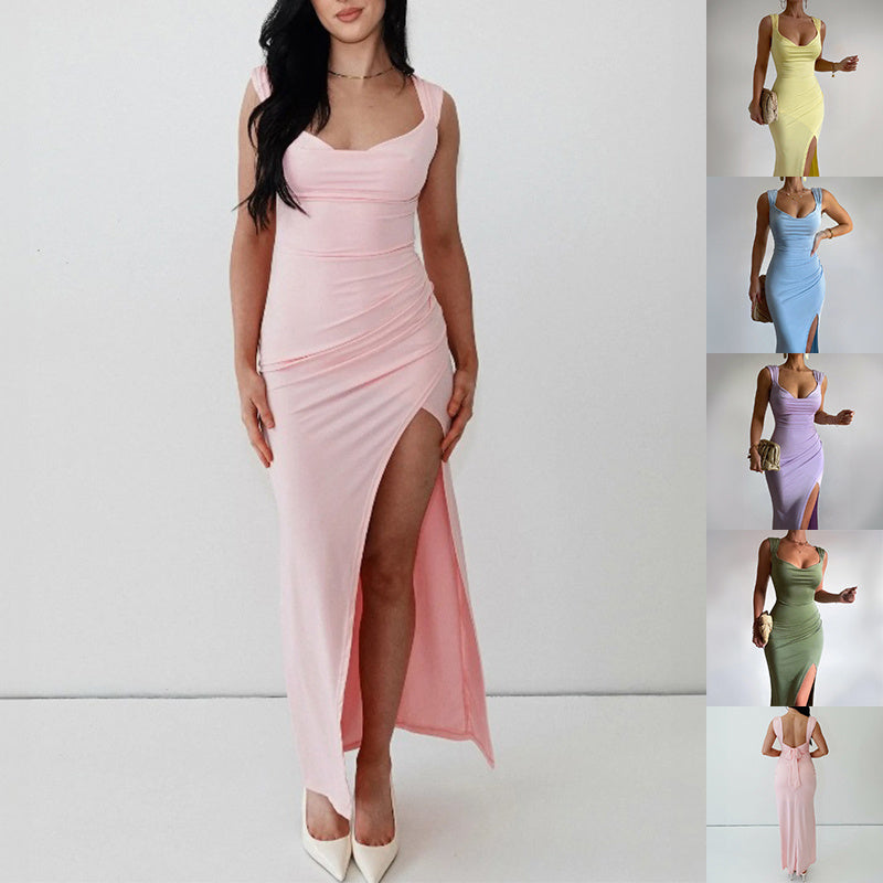 Slim Sleeveless Slit Dress With Back Tie Design